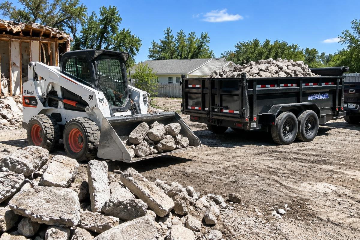 Skid steer loading concrete debris into a dump trailer during site clearing